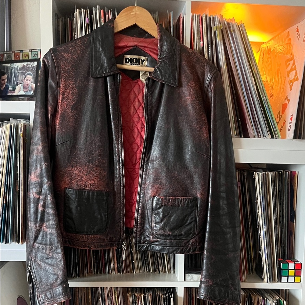 Vintage 90’s DKNY jeans Black Leather Jacket with Red Quilted Lining M